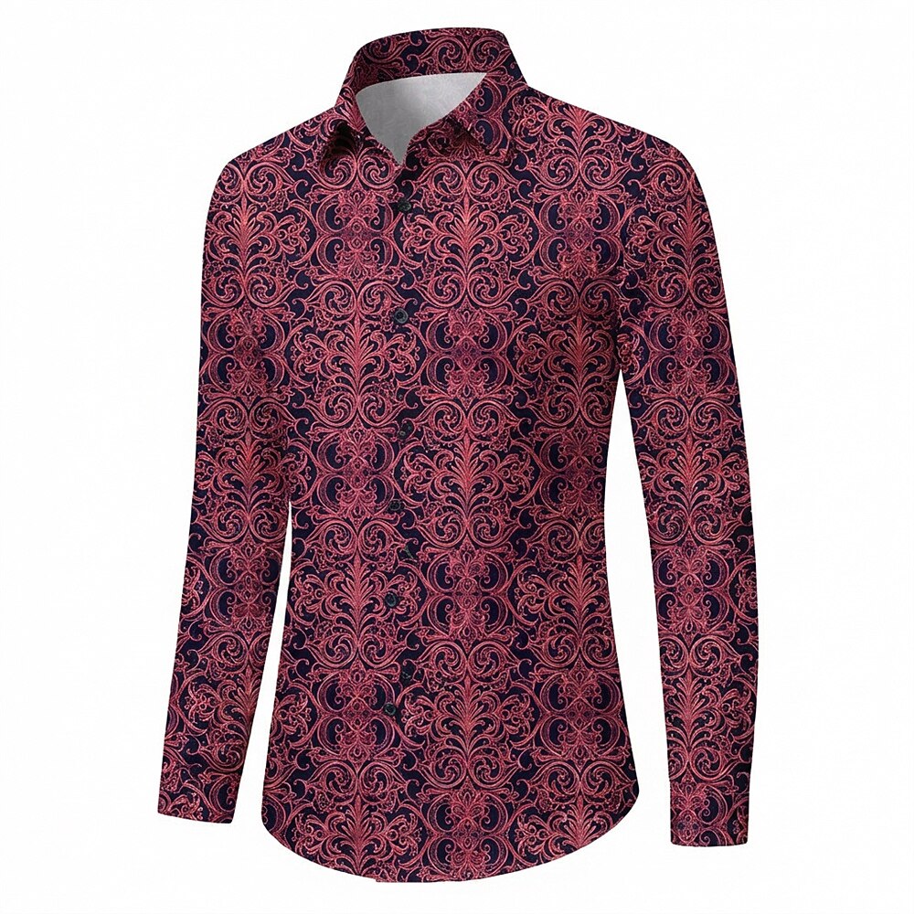 Retro 70S Vintage Ornate Baroque Pattern Long Sleeves Collar Shirt