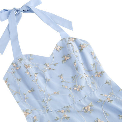 Floral Embroidered Halter Midi Dress