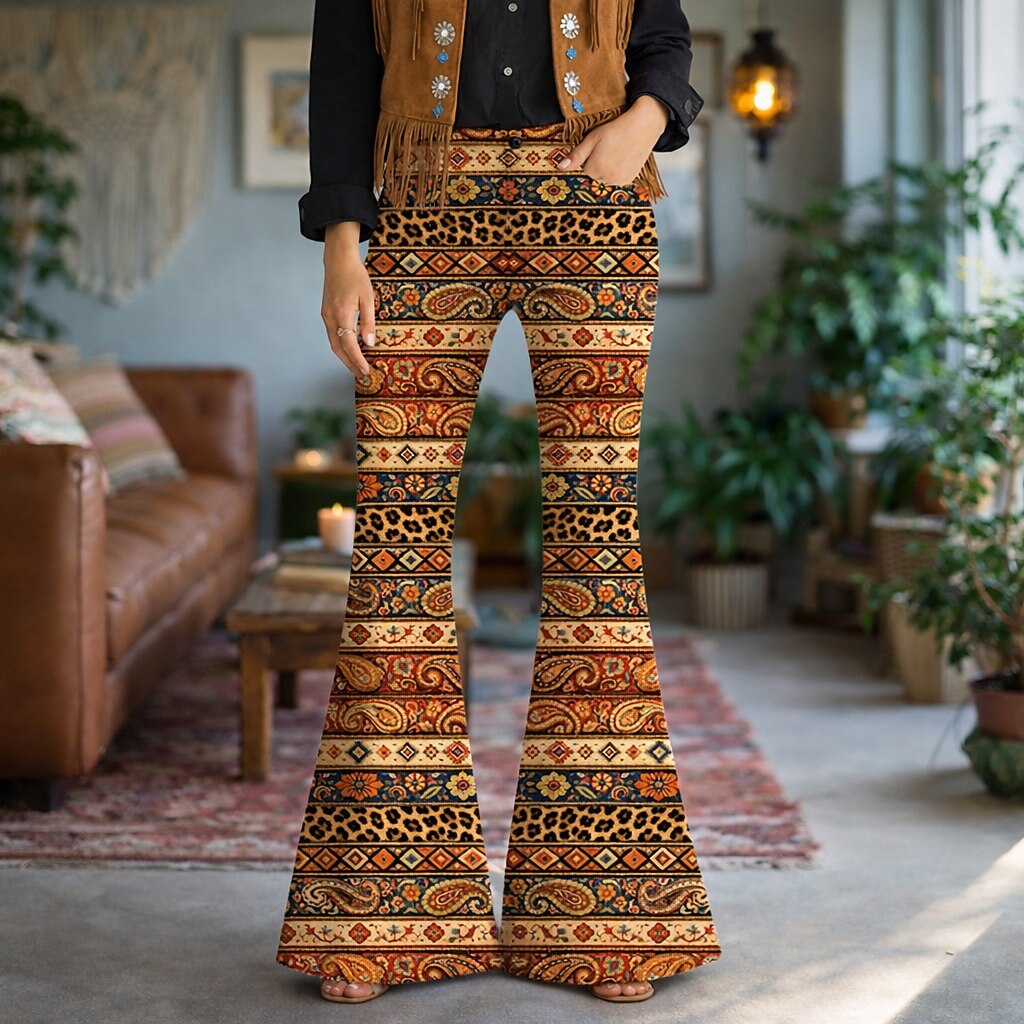 Retro 70s Boho Paisley Geometric High Waist Wide Flared Trousers