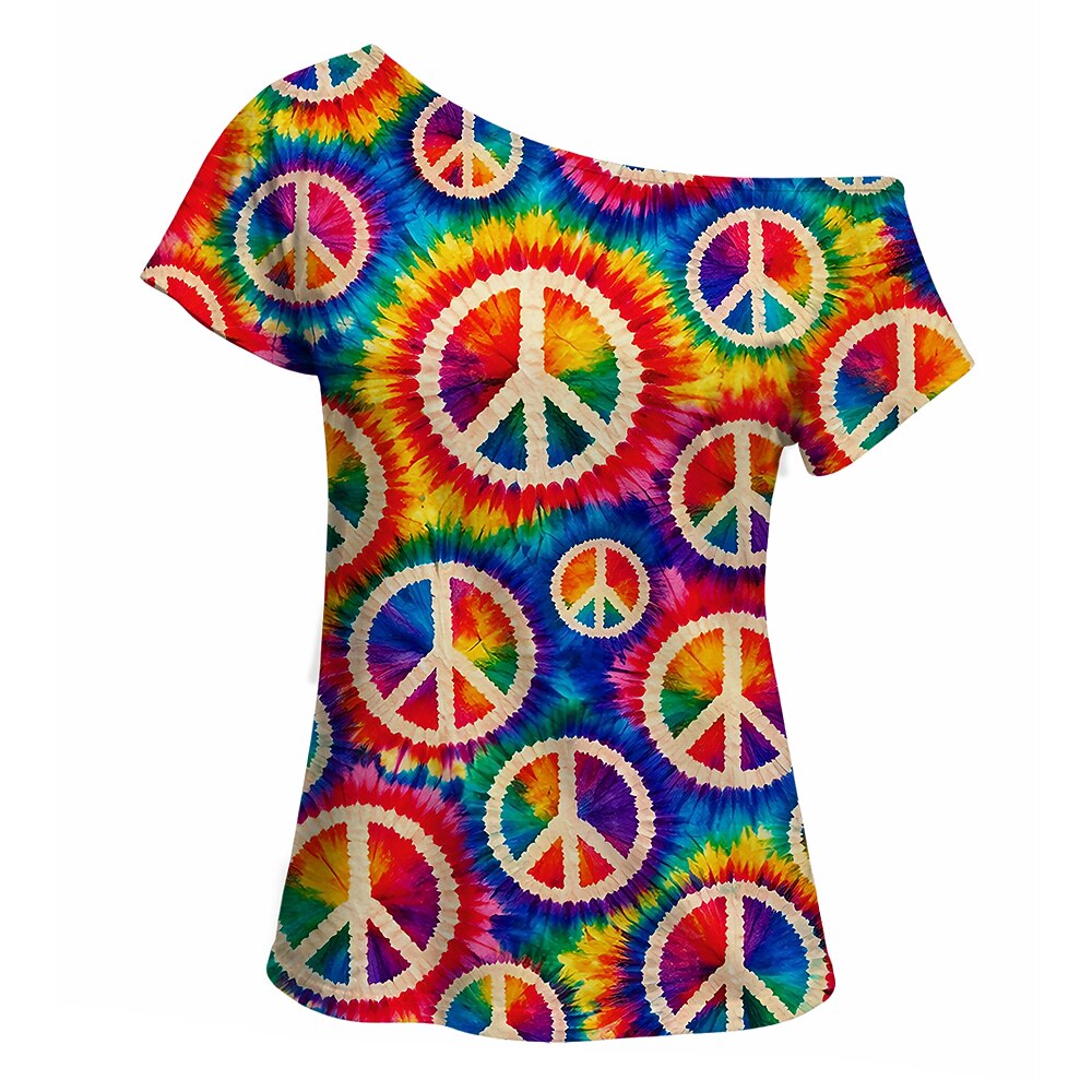 Retro 70s Peace Symbol Tie-Dye One Shoulder Short Sleeves T-shirt