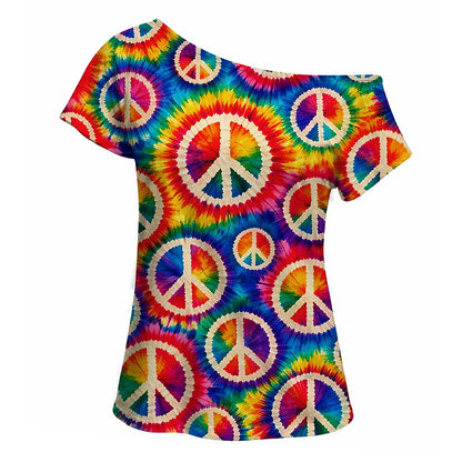 Retro 70s Peace Symbol Tie-Dye One Shoulder Short Sleeves T-shirt