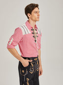 Men’s Oktoberfest Trachten Shirt Red Gingham Check Lace-Up Front