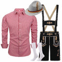 Men's Oktoberfest Lederhosen Costume with Pink Shirt, Hat & Knee Socks Set