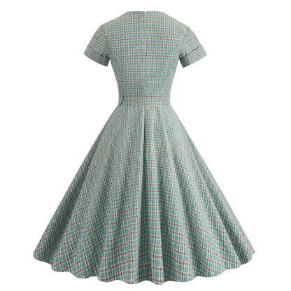 Women's 1950s Plaid Checkered Lapel Collar Swing Dress