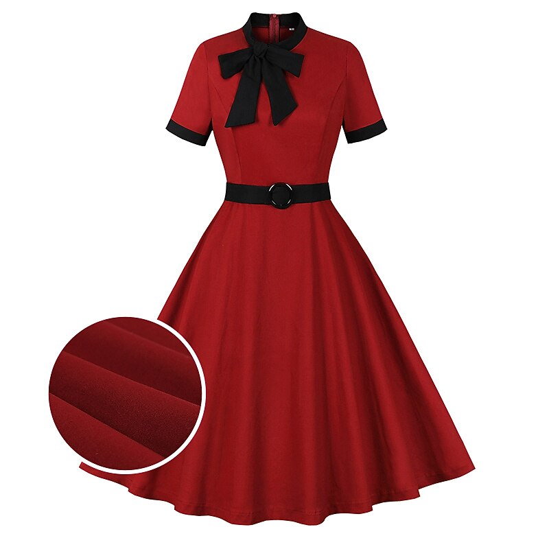 Women's 1950s Red Bow Tie Neck Short Sleeve Swing Dress