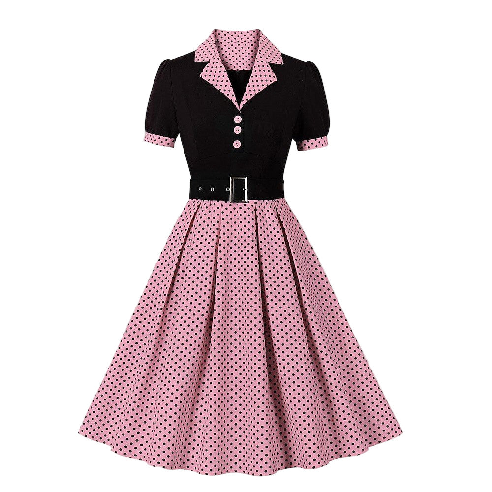 Women's 1950s Polka Dot Patchwork Lapel Collar Belted A-Line Rockabilly Dress