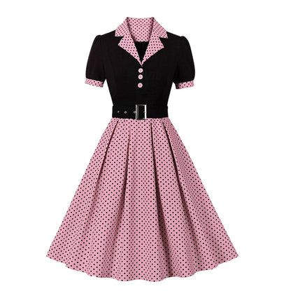 Women's 1950s Polka Dot Patchwork Lapel Collar Belted A-Line Rockabilly Dress