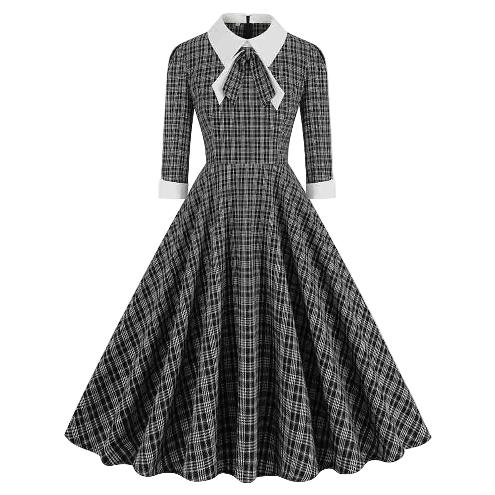 Women's 1950s Plaid Checkered Long Sleeve Swing Dress