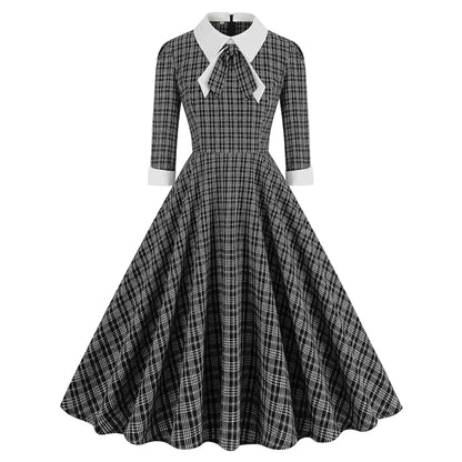 Women's 1950s Plaid Checkered Long Sleeve Swing Dress