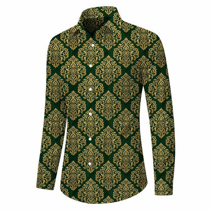 Retro 70S Vintage Ornate Damask Pattern Long Sleeves Collar Shirt