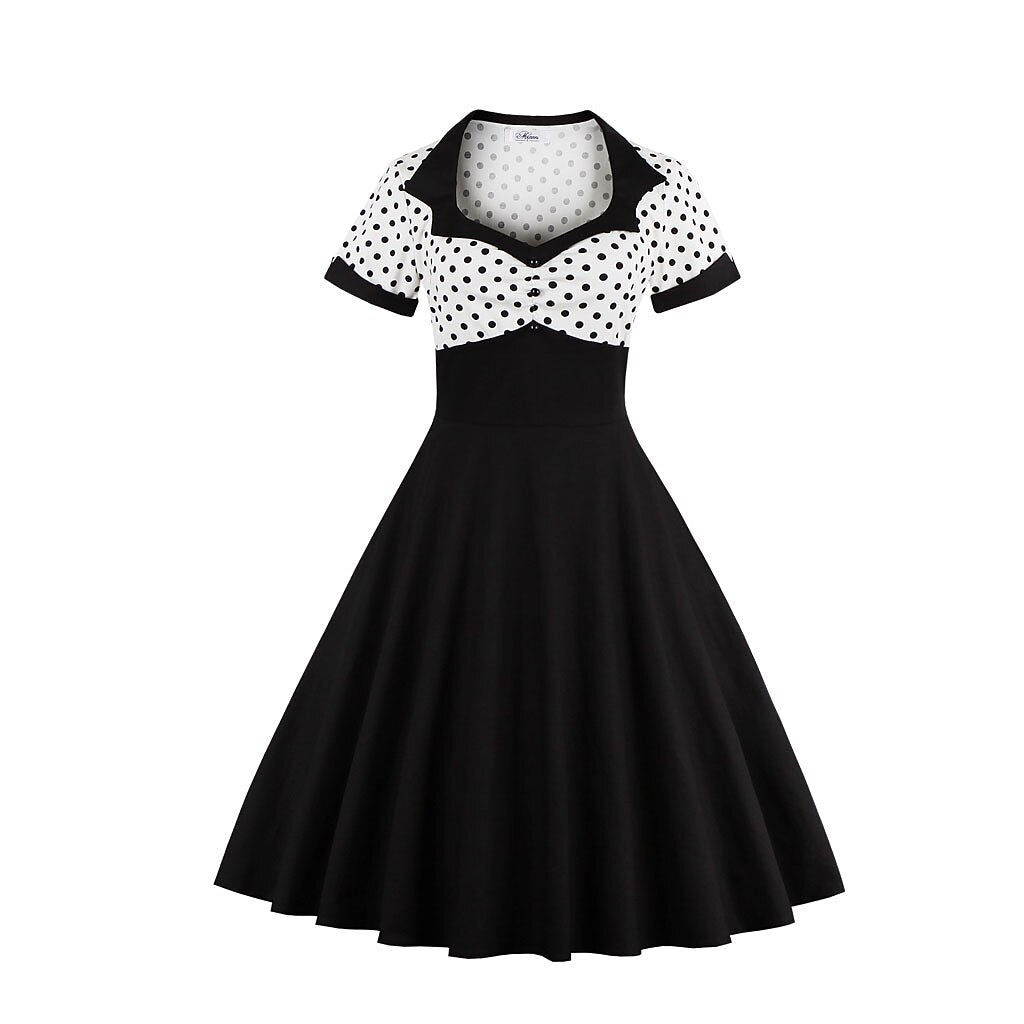 Women's 1950s Polka Dot Patchwork Sweetheart Neck Short Sleeve A-Line Dress