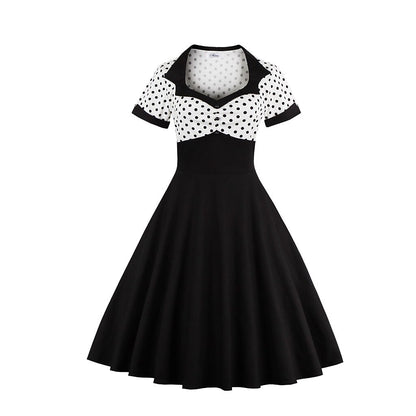 Women's 1950s Polka Dot Patchwork Sweetheart Neck Short Sleeve A-Line Dress