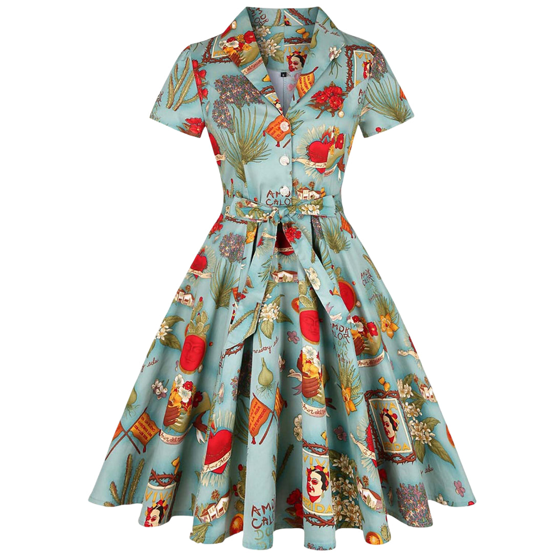 Women's 1950s Tropical Pin-up Print Lapel Collar Swing Dress