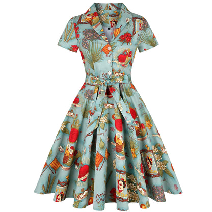 Women's 1950s Tropical Pin-up Print Lapel Collar Swing Dress