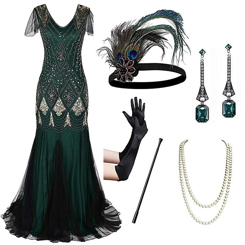 Art Deco Beaded Gown with Accessories Set
