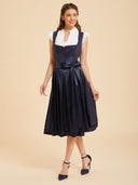 Navy Blue Midi Dirndl Dress with Satin Apron & Pockets