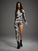 Leotard asimmetrico da donna di Halloween con scheletro e bende da mummia