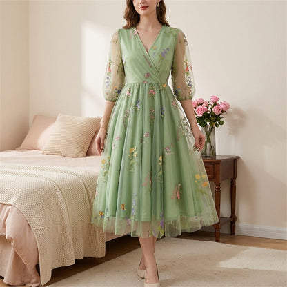 Floral Embroidered V-Neck Midi Dress