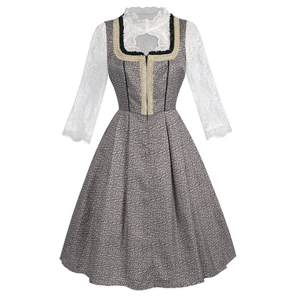 Robe Dirndl grise Oktoberfest avec tablier et chemisier en dentelle 