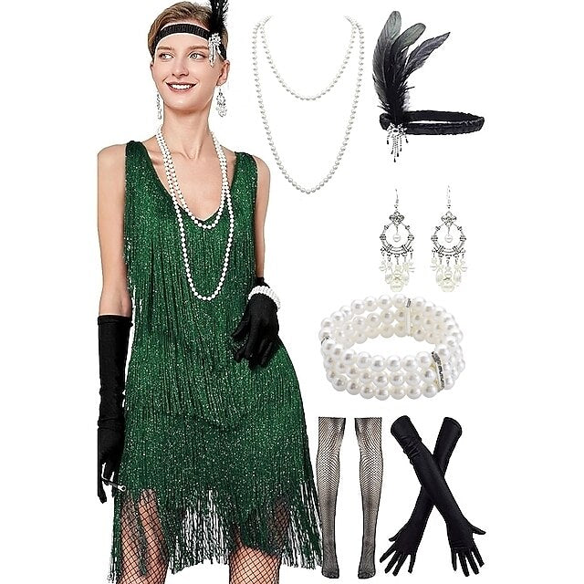 Sequin Fringe Charleston Dress with Accessories Set