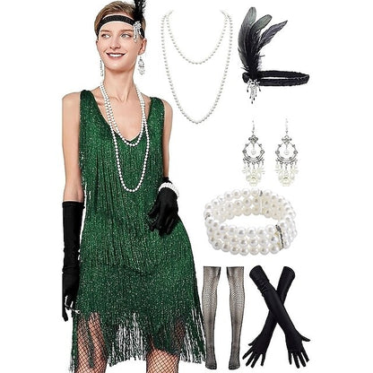 Sequin Fringe Charleston Dress with Accessories Set