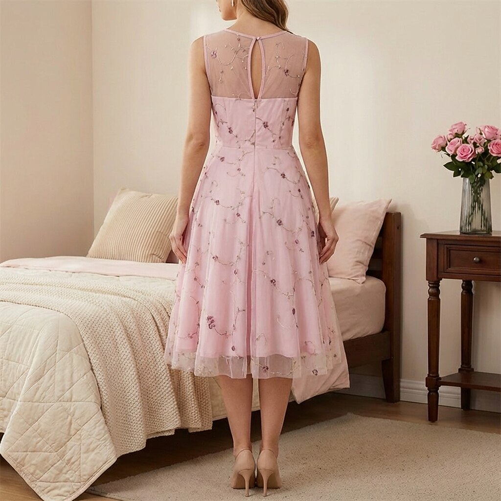 Embroidered Floral Tulle Midi Dress