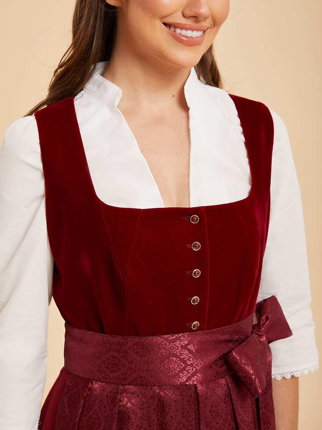 Premium Women’s Oktoberfest Burgundy Midi Dirndl Dress with Jacquard Apron