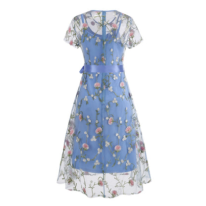 Floral Embroidered Mesh Midi Dress