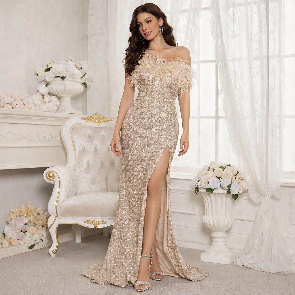 Feather Off-Shoulder Beaded High Slit Evening Gown