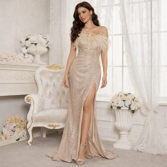Feather Off-Shoulder Beaded High Slit Evening Gown