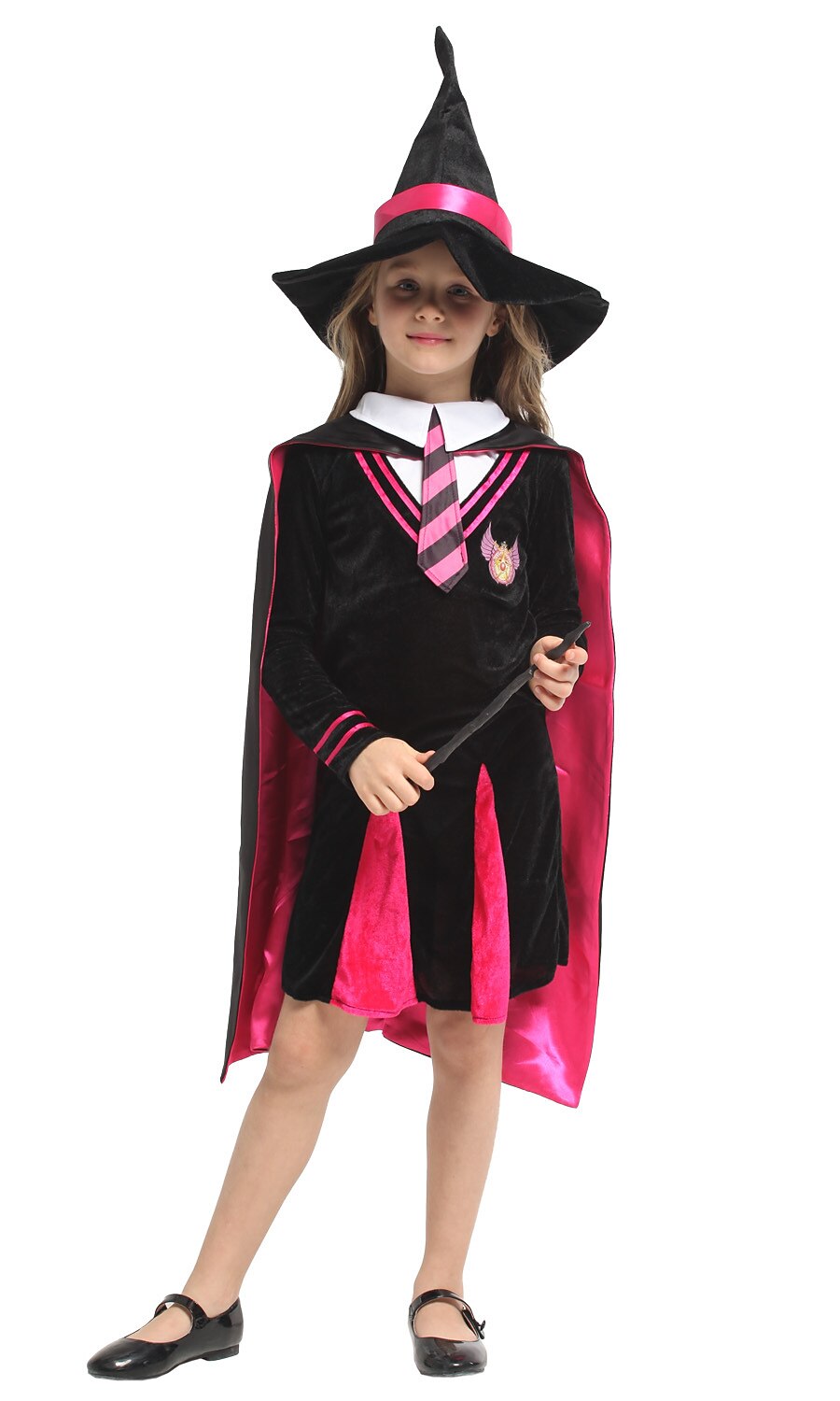 Girls Witch Costume Black Pink Dress with Hat