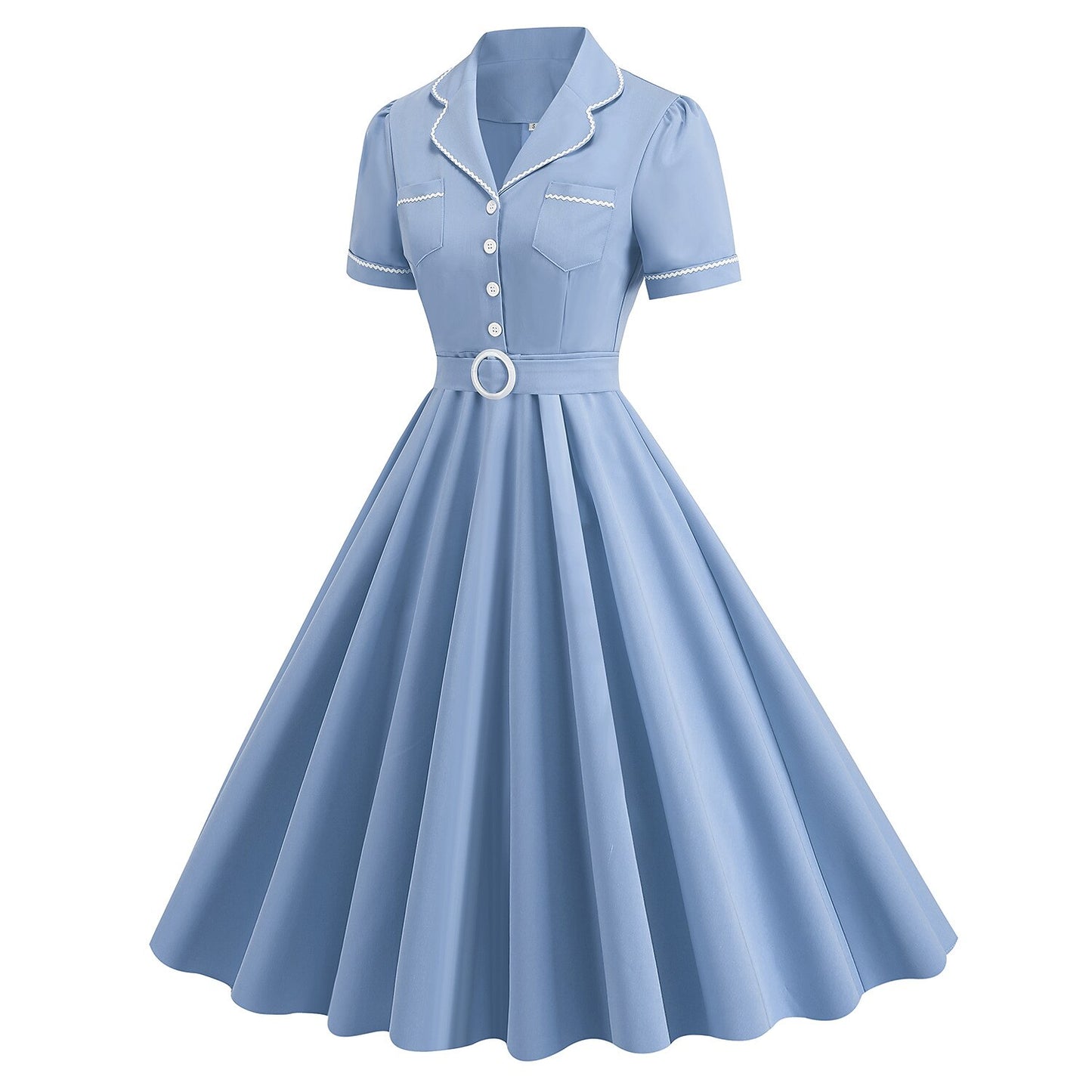 Women's 1950s Solid Blue Lapel Collar Short Sleeve Swing Dress