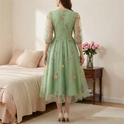 Floral Embroidered V-Neck Midi Dress