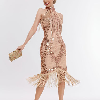 Apricot Art Deco Fringe Trim Flapper Dress