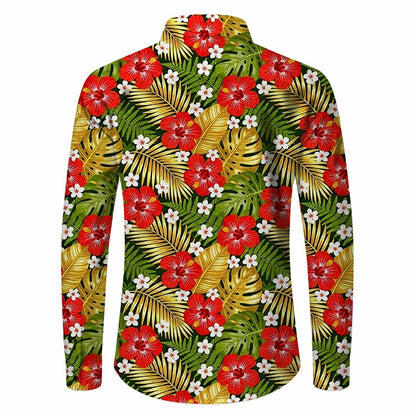 Retro 70S Tropical Hibiscus Palm Leaf Print Long Sleeves Collar Shirt