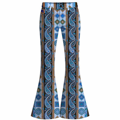 Retro 70s Paisley Geometric High Waist Wide Flared Trousers