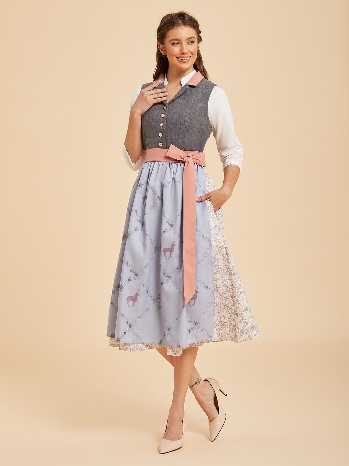 Oktoberfest Grey Dirndl Dress with Deer Print Apron