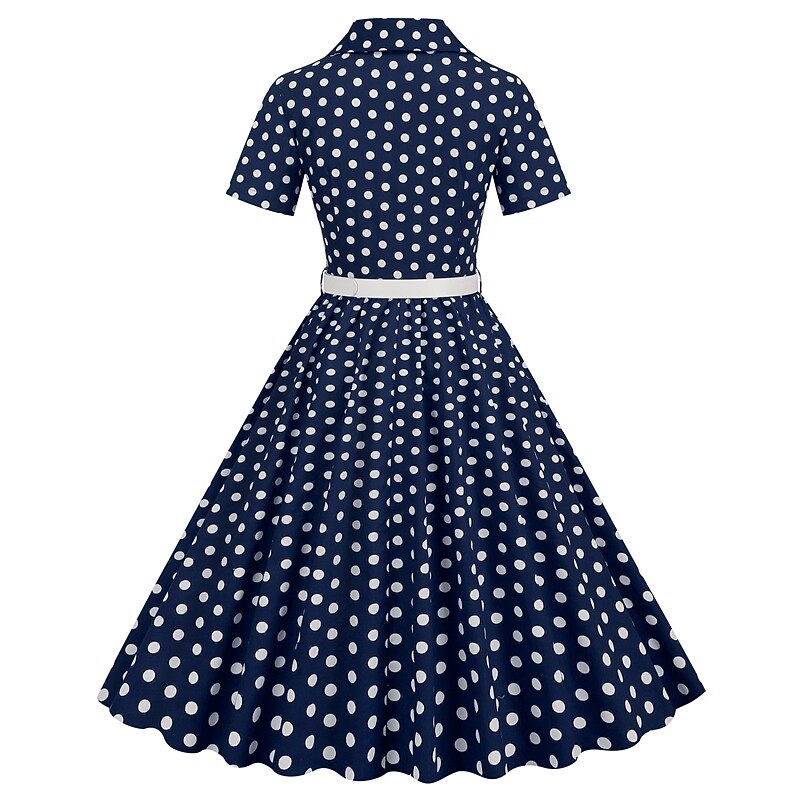 Women's 1950s Polka Dot Lapel Collar Swing Shirt Dress