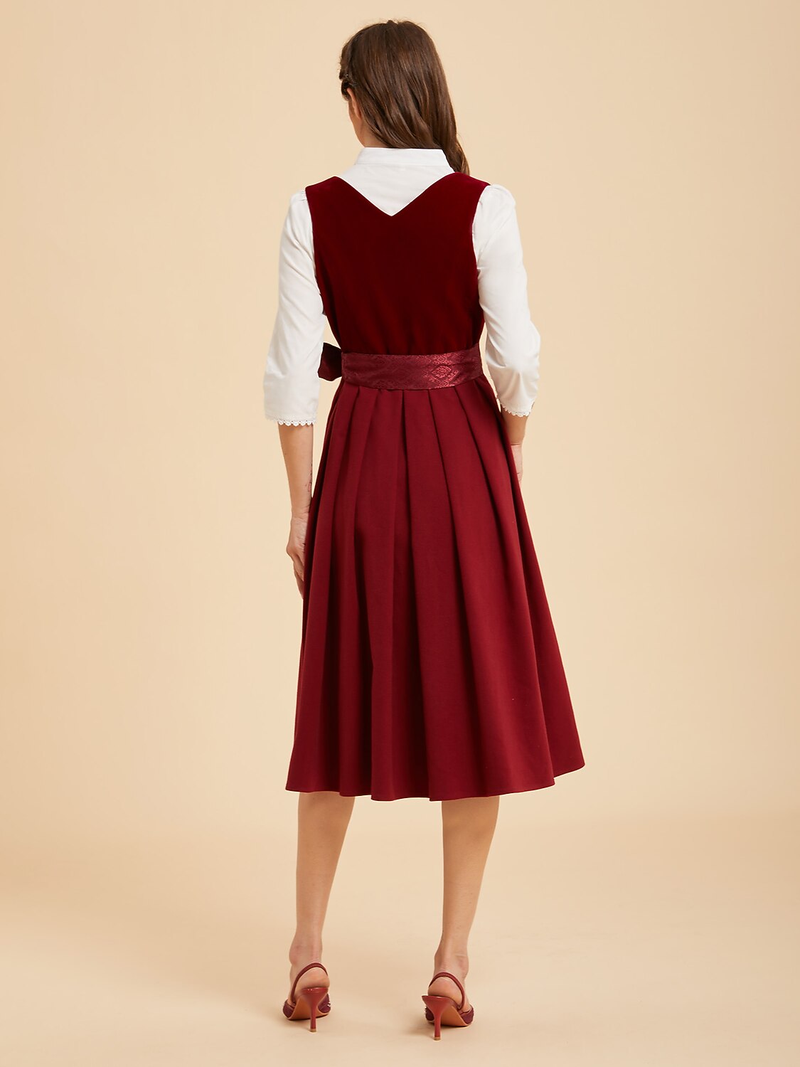 Premium Women’s Oktoberfest Burgundy Midi Dirndl Dress with Jacquard Apron
