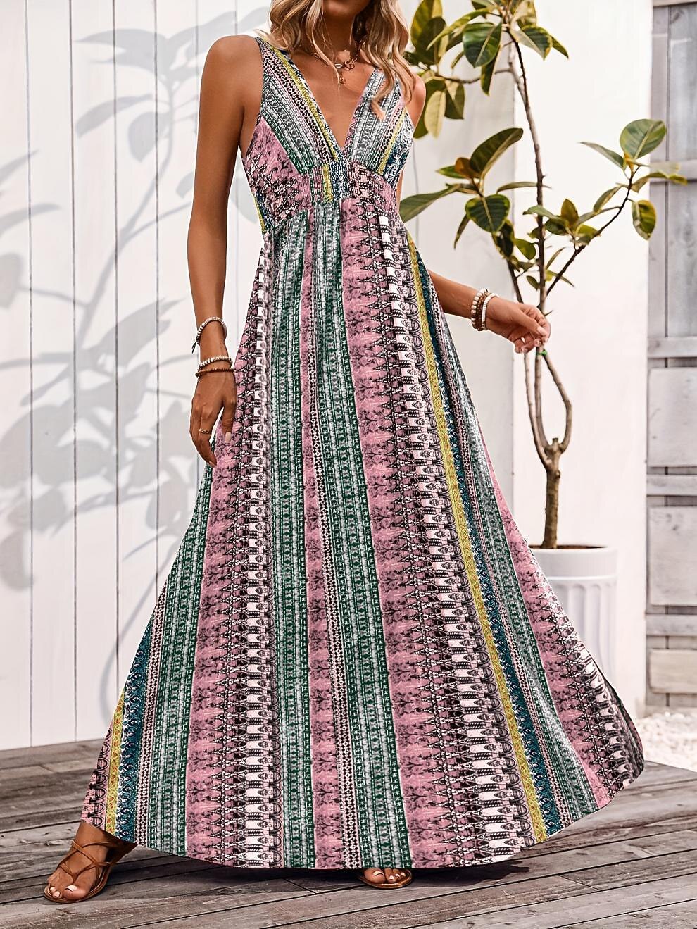 Retro 70s Bohemian Ethnic V-neck Empire Waist Flowy Maxi Dress