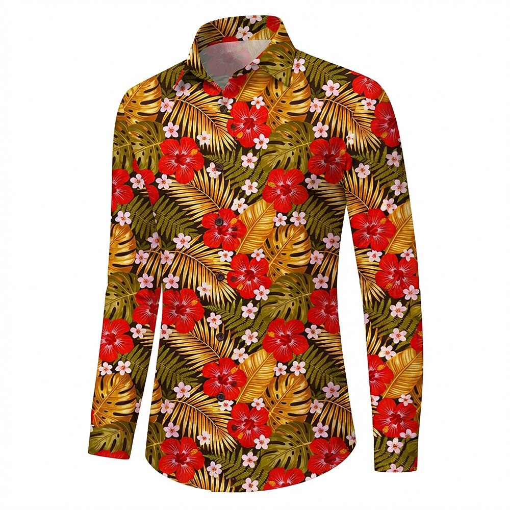 Retro 70S Tropical Hibiscus Palm Leaf Print Long Sleeves Collar Shirt