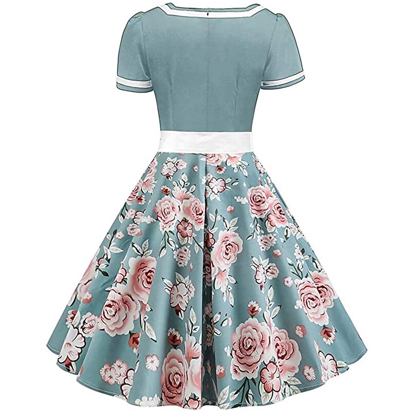 Women's 1950s Floral V-Neck Short Sleeve Swing Dress