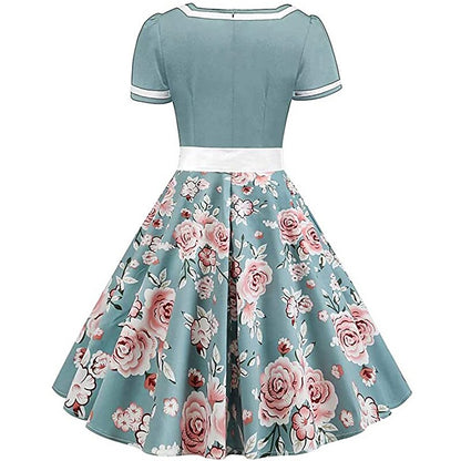 Women's 1950s Floral V-Neck Short Sleeve Swing Dress