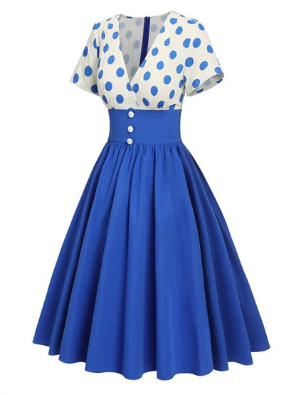 Women's 1950s Polka Dot V-Neck High Waist Swing Dress