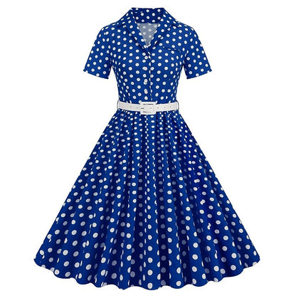 Women's 1950s Polka Dot Lapel Collar Swing Shirt Dress
