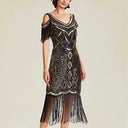 Vestido flapper con ribete de flecos y lentejuelas con set de accesorios