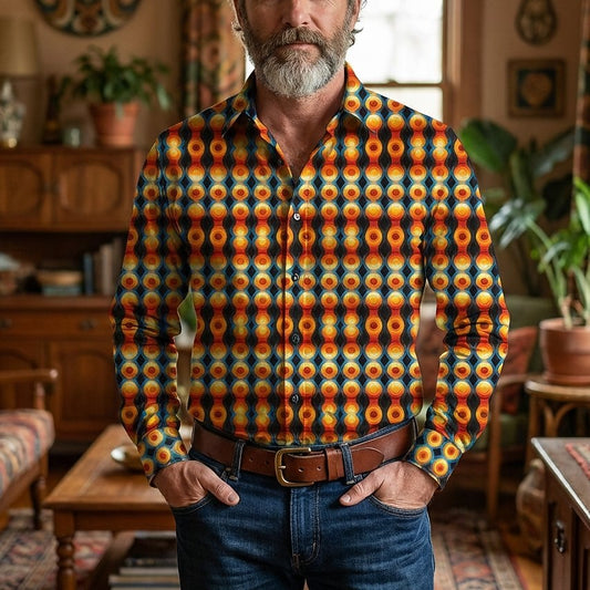 Retro 70S Vintage Geometric Circle Pattern Long Sleeves Collar Shirt