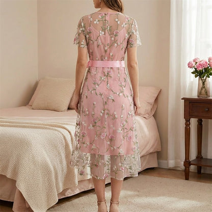 Floral Embroidered Mesh Midi Dress