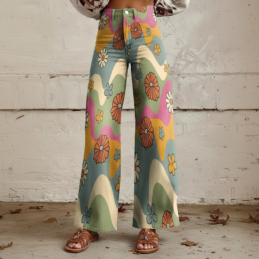 Retro 70s Boho Groovy High Waist Wide Flared Trousers