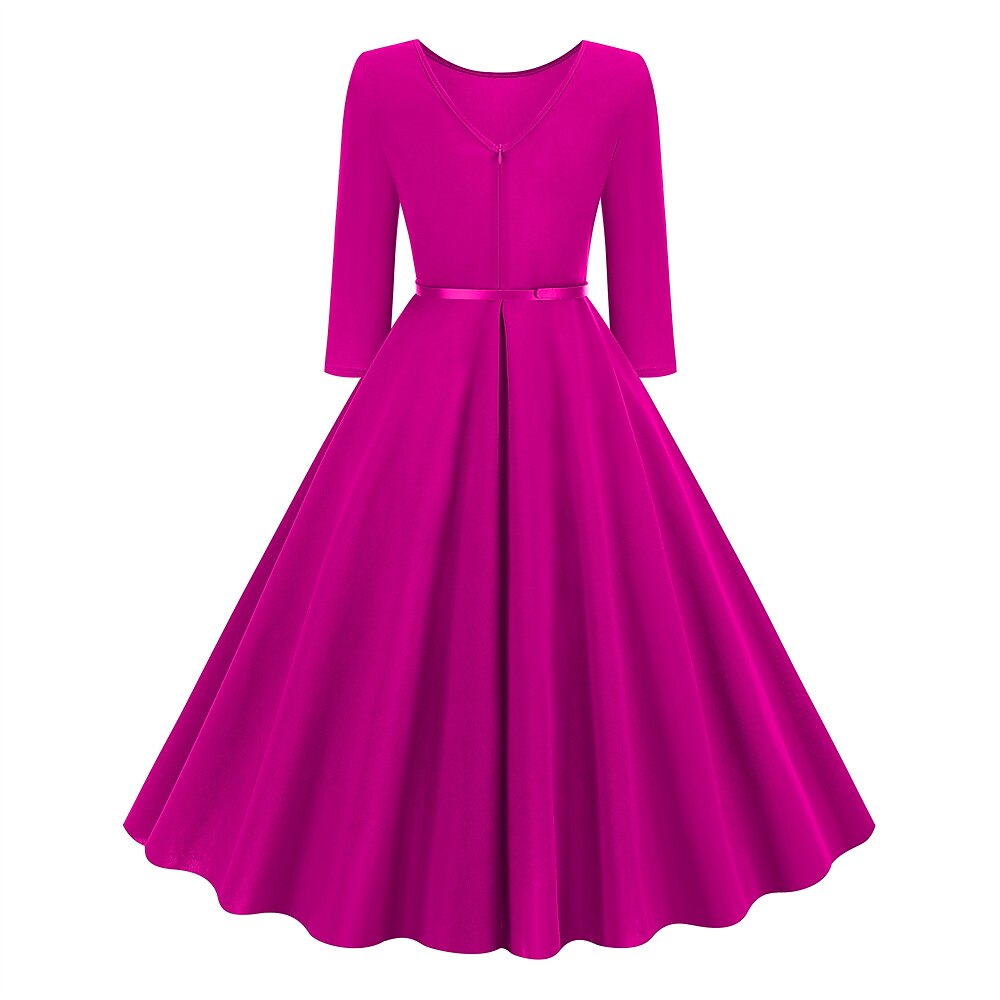 Women's 1950s Solid Color Round Neck 3/4 Sleeve Flare Dress